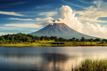 Obraz premium Scenic landscape with a volcano overlooking Laguna Olomega in San Miguel, El Salvador. Generative AI