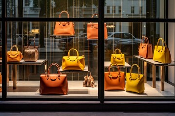 Display of fashionable handbags and shoes in a storefront. Generative AI - obrazy, fototapety, plakaty
