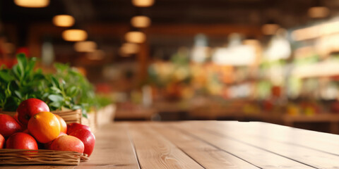 Naklejka na ściany i meble Vegetables on a wooden table in a grocery store and the background is blurred