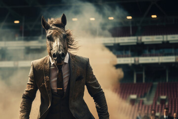 man with a horse's head runs at a horse race, competition concept, career ladder - obrazy, fototapety, plakaty
