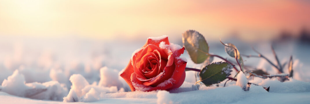 Red rose on snow, valentine's day concept. Horizontal banner