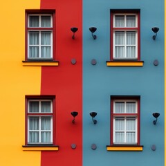 Seamless pattern texture of a multi-colored building facade with windows near which there are lamps. AI generation 