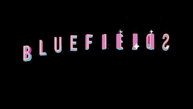 Bright letters jump merrily in the inscription BLUEFIELDS city. Retro. Alpha channel black. Looped from frame 120 to 240, Alpha BW at the end