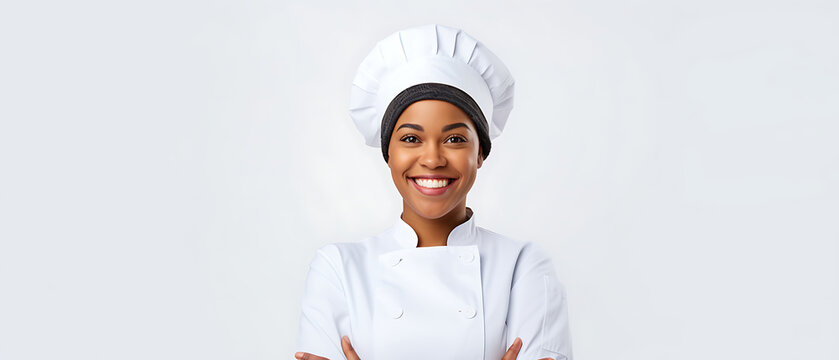 Happy black female chef wearing uniform and cap backgroung with copy space for text. generative ai