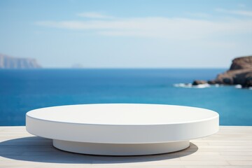 Fototapeta na wymiar Minimalist white podium set against a calm ocean backdrop - Serene Product Presentation - AI Generated