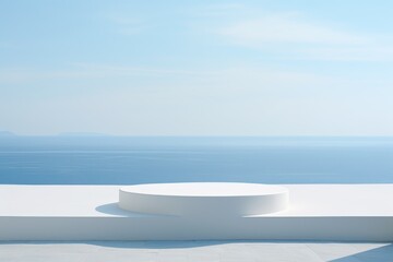 Minimalist white podium set against a calm ocean backdrop - Serene Product Presentation - AI Generated