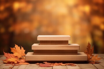 Naklejka na ściany i meble Multi-tiered wooden podium surrounded by autumn leaves - Seasonal Product Stage - AI Generated