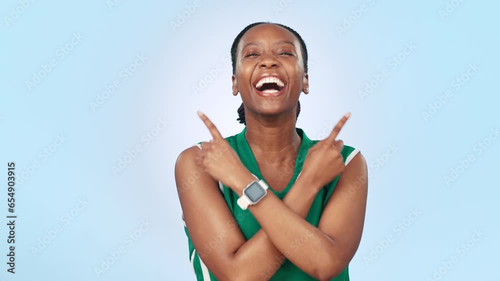 Sticker Woman, athlete and smile by pointing in mockup, face and yes in studio by blue background. Happy person, good choice and tips or advice for health, wellness and fitness for advertising in uniform