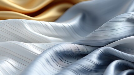AI-generated closeup illustration of white, blue and gold fabric. MidJourney.