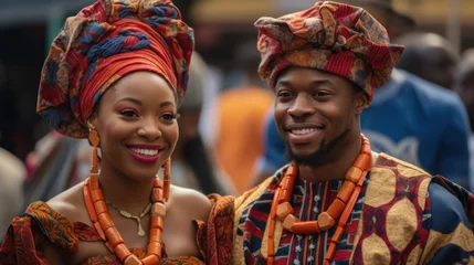 Foto op Canvas Beautiful african american woman in traditional dress and handsome black man smiling and looking at camera.AI Generative © Mix and Match Studio