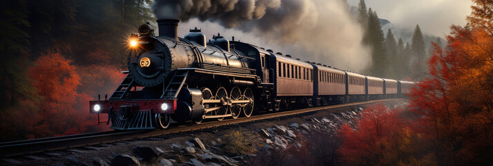 Retro steam locomotive pulling a train. Horizontal banner
