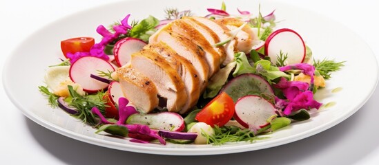 Selective focus spring salad radishes chicken breast edible flower with copyspace for text - obrazy, fototapety, plakaty