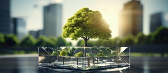 Environmentally friendly corporate building with a tree in a modern city with copyspace for text