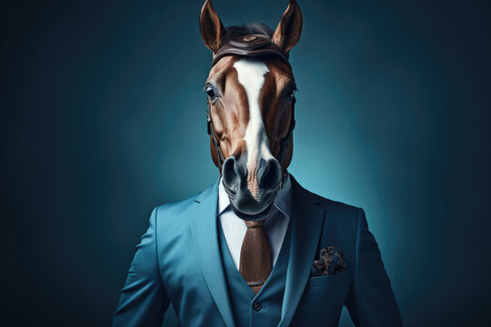 Businessman portrait wearing horse head