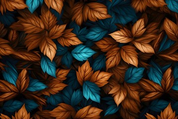 Fall leaves background pattern, dark turquoise and light brown