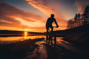 cross country or mountain biker at sunset
