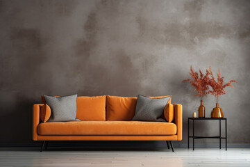 Stylish sofa in the living room against the background of a gray loft wall