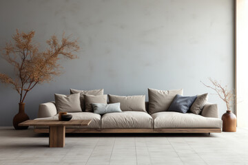 Stylish sofa in the living room against the background of a gray loft wall