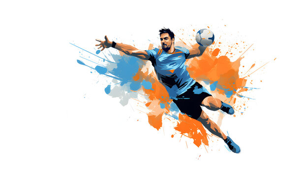 illustration représentant un joueur de handball avec des tâches de peintures sur fond blanc