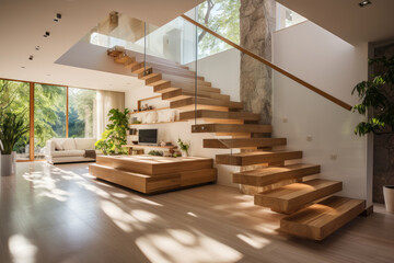 Modern wooden stairs made of wood and glass in house interior