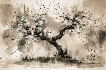 Traditional Japanese painting with cherry blossom tree in sumi-e ink art. Generative AI