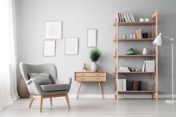 Scandinavian bookcase with armchair in modern cozy interior of room. Home library with book shelf. Generative AI 