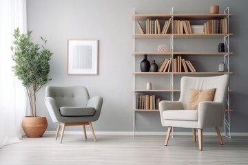 Fototapeta na wymiar Scandinavian bookcase with armchair in modern cozy interior of room. Home library with book shelf. Generative AI 