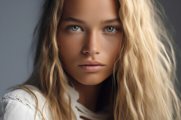 Close-up portrait of a very beautiful young woman with green eyes and long blonde hair, wearing a white top - isolated, blue background - obrazy, fototapety, plakaty