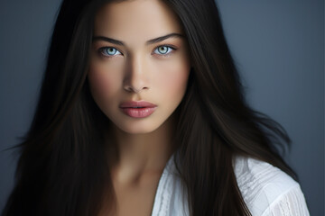 Fototapeta premium Close-up portrait of a very beautiful young woman with blue and green eyes, and long dark brown hair, wearing a white top - isolated, blue background
