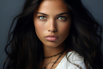 Fototapeta premium Close-up portrait of a very beautiful young woman with brown eyes, and long dark brown hair, wearing a white top - copy space, isolated, blue background