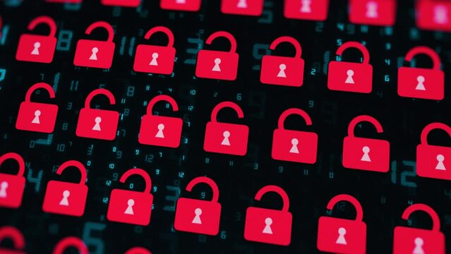 Technological background with open padlocks, virtual data unsafety. Network weakness problem, unlocked information in cyberspace