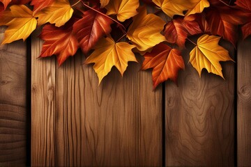 Naklejka na ściany i meble Top view of autumn orange leaf on white wooden deck background, copy space. Generative AI
