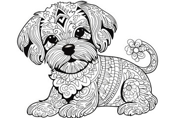  Zentangle stylized сute dog drawing. For adult and for children antistress coloring page, print, emblem.Coloring book for children and adults. Anti stress coloring book