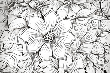 Abstract black and white drawing coloring of beautiful flowers.