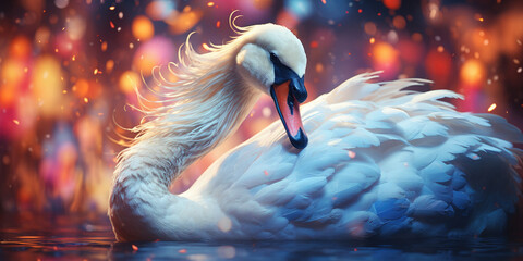 A beautiful swan swims on the water on a magical background.Wallpaper. Magic space fantasy postcard