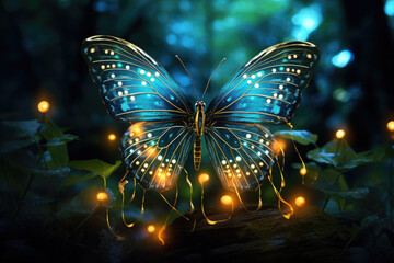 Beautiful glowing magical multi-colored butterfly on beautiful flowers. Fantasy. Animal Protection Day concept.