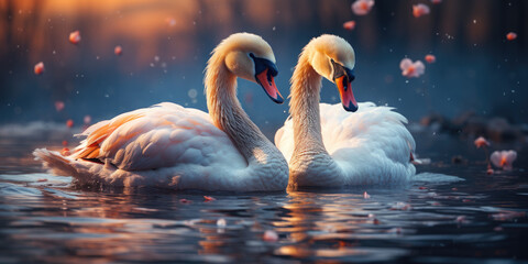 A beautiful pair of swans with their necks form a heart. Beautiful magical background.Mating games of a pair of white swans. Swans swimming on the water. Postcard for St. Valentine's Day. Wallpaper.