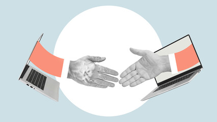 Collage of handshaking appearing from laptop device. Successful online business deal. Concept of work and business, success and motivation, ad