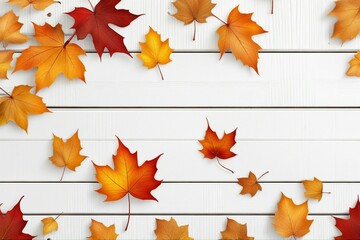 Top view of autumn orange leaf on white wooden deck background, copy space.  Generative AI