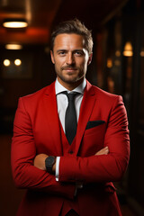 Man in red suit and black tie posing for picture.