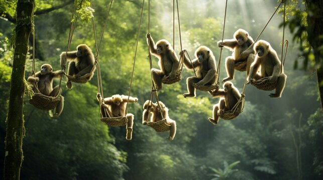 group of agile gibbons swinging through the jungle canopy, their long arms allowing for incredible leaps from tree to tree. © Nazia