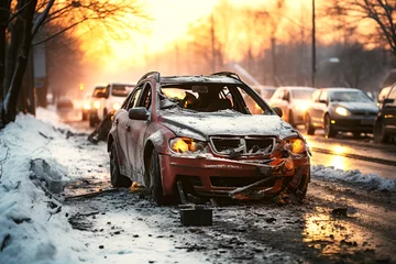Fotobehang car accident in winter on slippery road with snow and ice due to drunk dangerous driving © alexkoral
