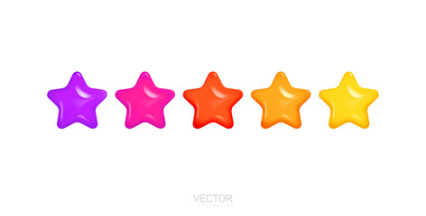 Obraz premium Five glossy purple to yellow stars on a white background. Achievements for games. Rating. Realistic 3d design. Vector