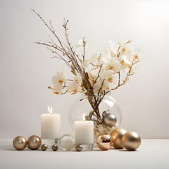 Aesthetic christmas wedding decorations, product photography, sleek white background. Generative AI.