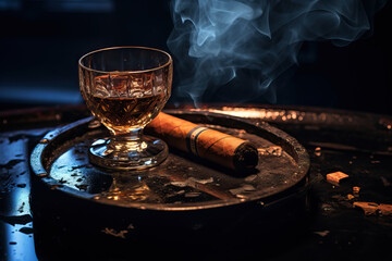 Smokey Elegance: Burnt Cigar, Ashtray, and Whiskey on Black Mirror