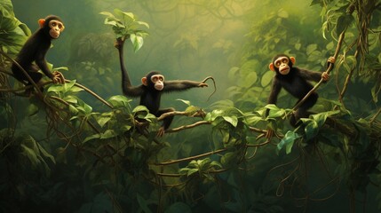 A group of rambunctious spider monkeys swinging through the jungle vines, their long limbs and prehensile tails allowing for incredible agility. - obrazy, fototapety, plakaty