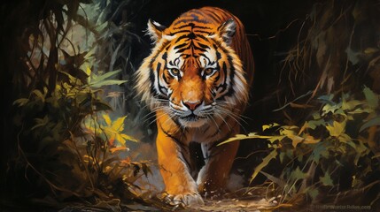 Fototapeta premium A majestic Bengal tiger emerging from the jungle shadows, its vibrant orange coat and powerful stride embodying the spirit of the wild.