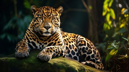 A majestic jaguar resting on a moss-covered jungle rock, its powerful presence and spotted coat blending with the natural beauty of the rainforest.