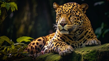 Obraz premium A regal jaguar resting on a moss-covered jungle rock, its powerful presence and spotted coat blending seamlessly with the natural beauty of the rainforest.