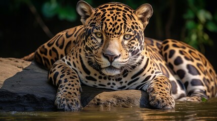 A regal jaguar resting on a riverbank boulder, its powerful presence and stunning coat making it the apex predator of the jungle.